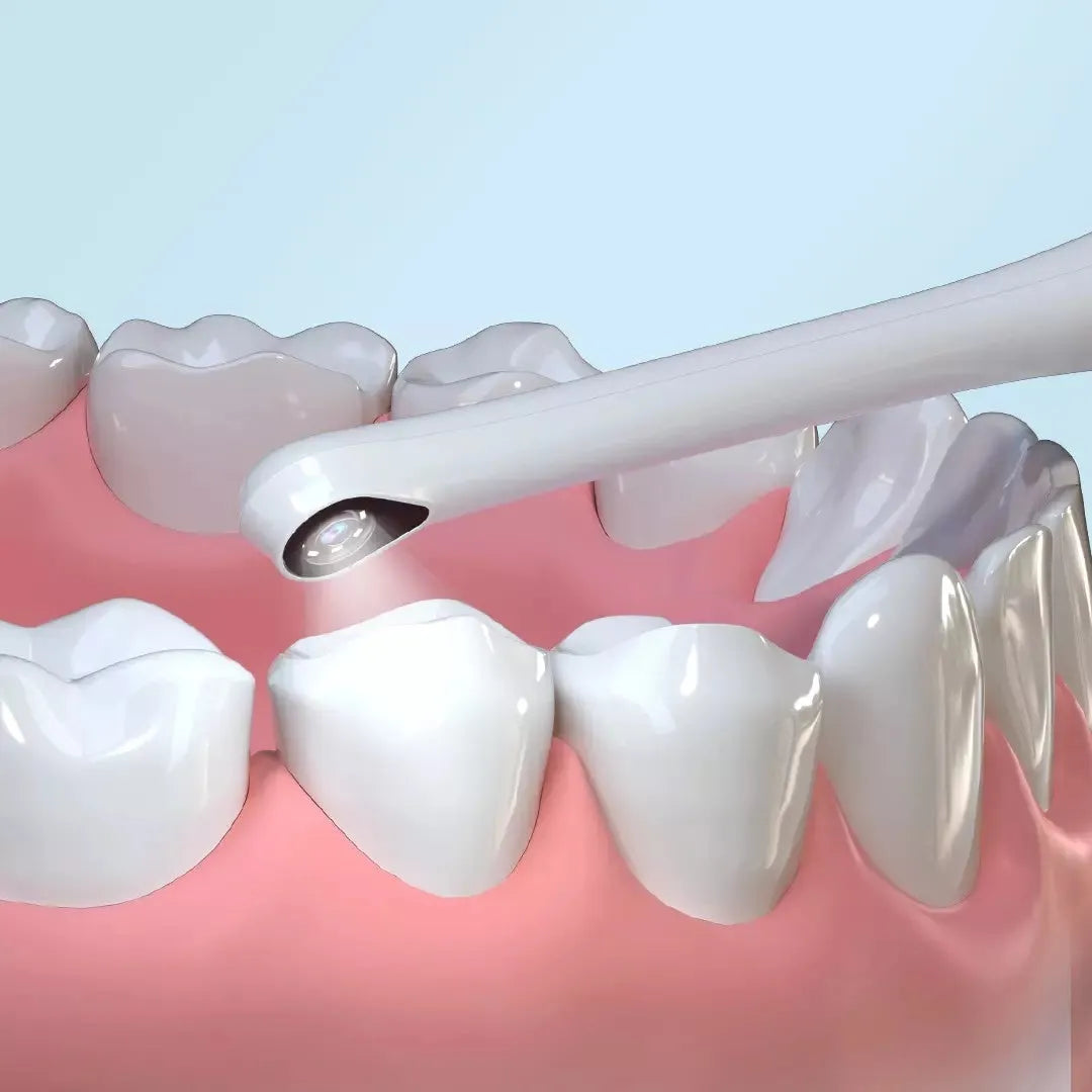 White visual dental mirror endoscope with 1080P HD camera and Bluetooth connectivity on a magnetic charging base