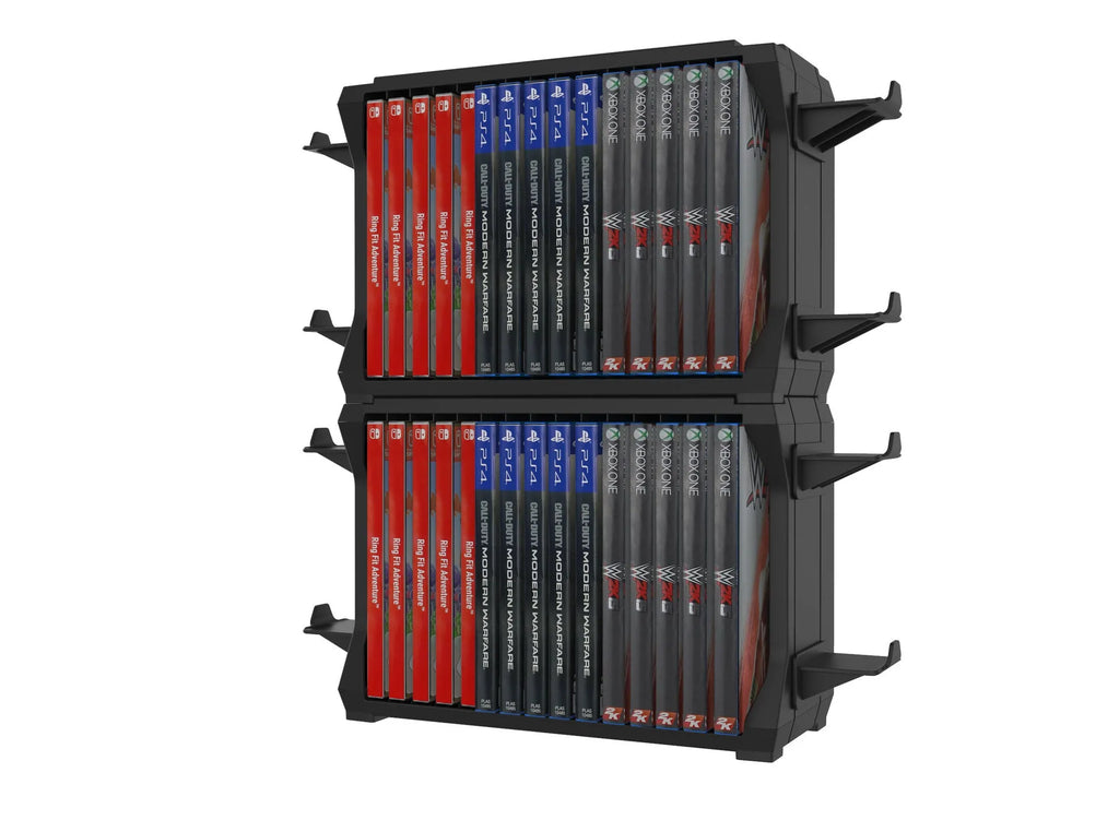 Black PS5 and Xbox Series X disc holder with game cartridge slots and controller stand