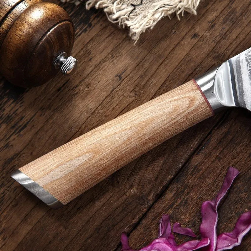 Damascus kitchen knife 7.5 inch blade 67-layer forged stainless steel New Chinese style knife on cutting board