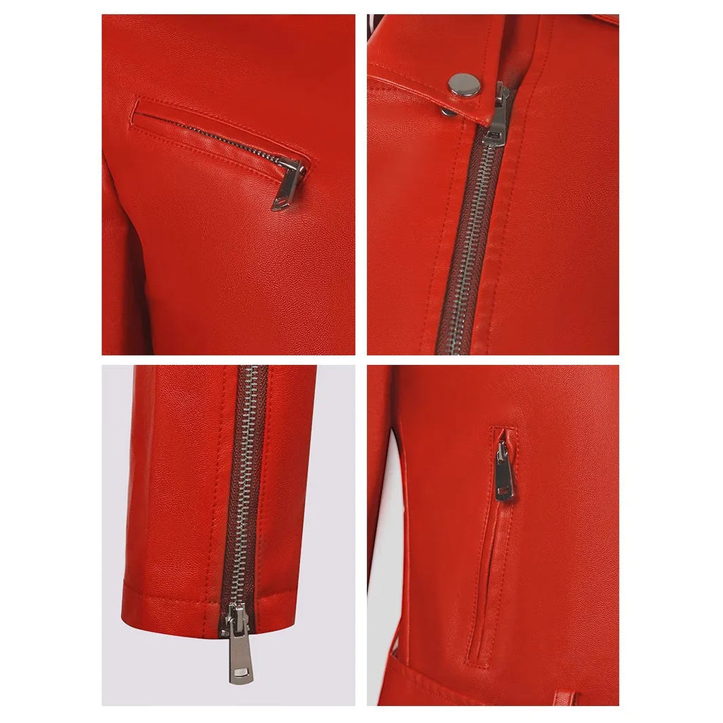 Women's black PU leather motorcycle jacket with lapel collar and adjustable waist belt on a hanger.