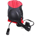 Portable car windshield defroster fan in black and red ABS housing on dashboard with power cable