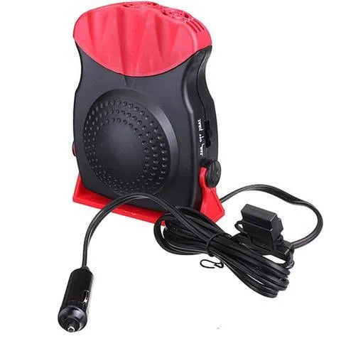 Portable car windshield defroster fan in black and red ABS housing on dashboard with power cable