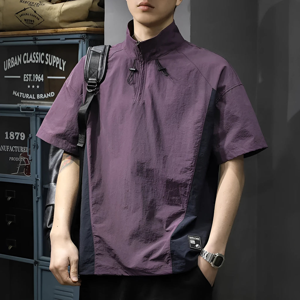 Men's brown ice silk half-zip stand collar business shirt with short sleeves on hanger