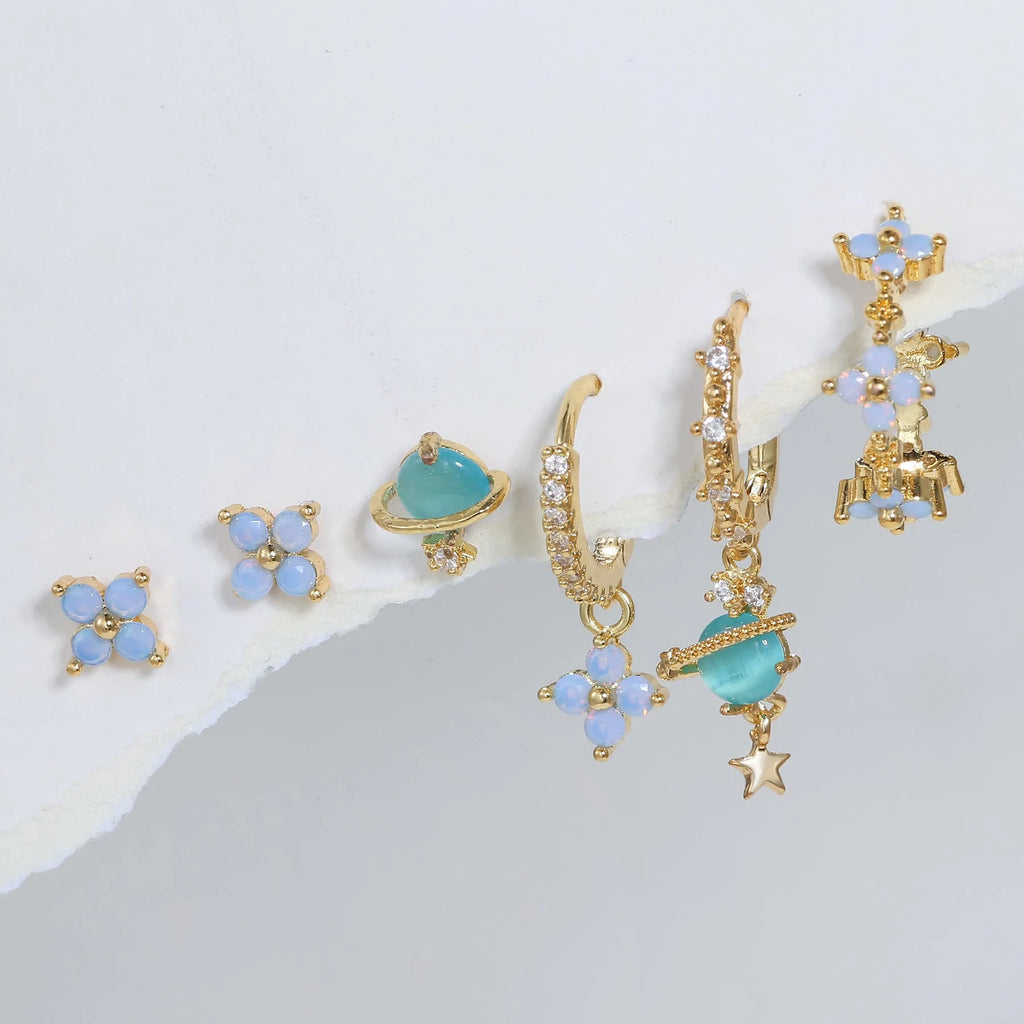 Japanese Korean style floral stud earrings with zircon detailing in gold or silver finish