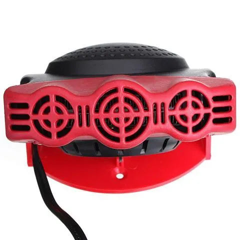 Portable car windshield defroster fan in black and red ABS housing on dashboard with power cable