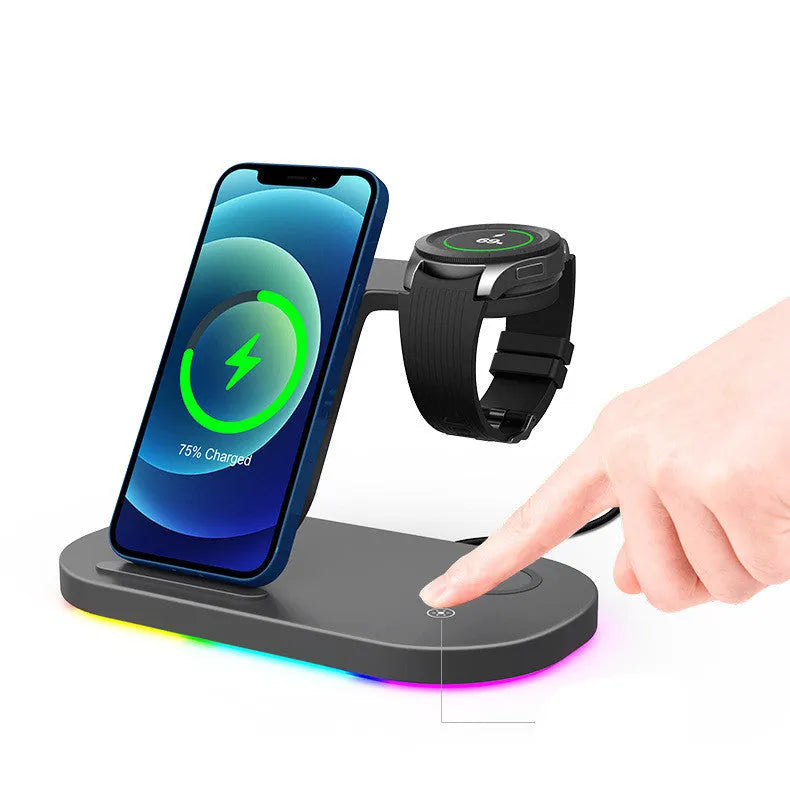 Three-in-one fast wireless charger for phone watch and headphones in ice crystal white ABS plastic