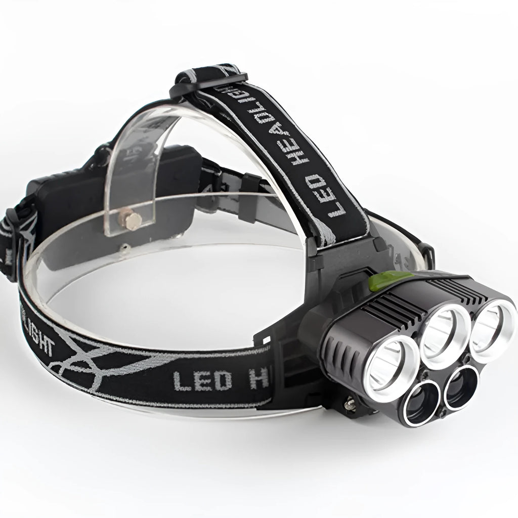 Fixed focus long-range headlamp for camping, worn on head with strong beam.