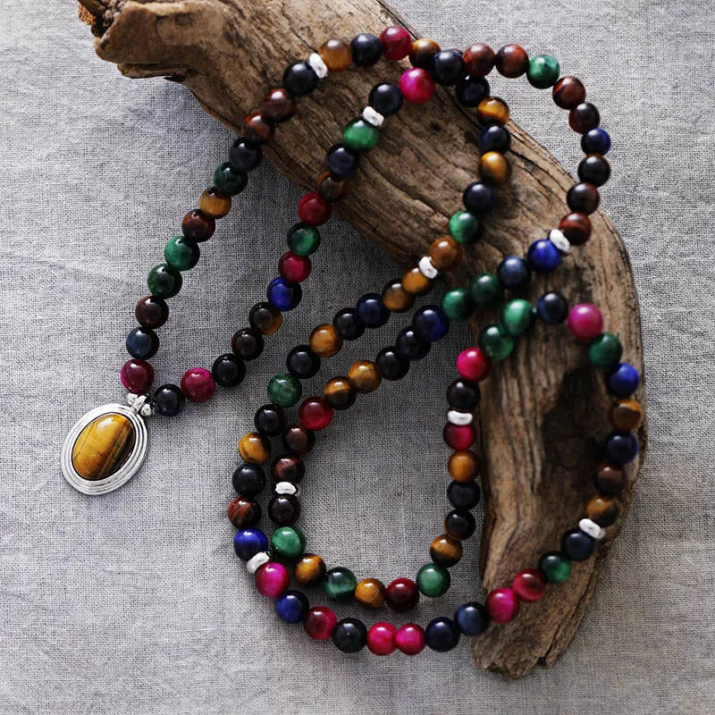 Natural stone tiger-eye 108 pendants necklace bracelet 6mm beads unisex meditation jewellery with wings crown heart design