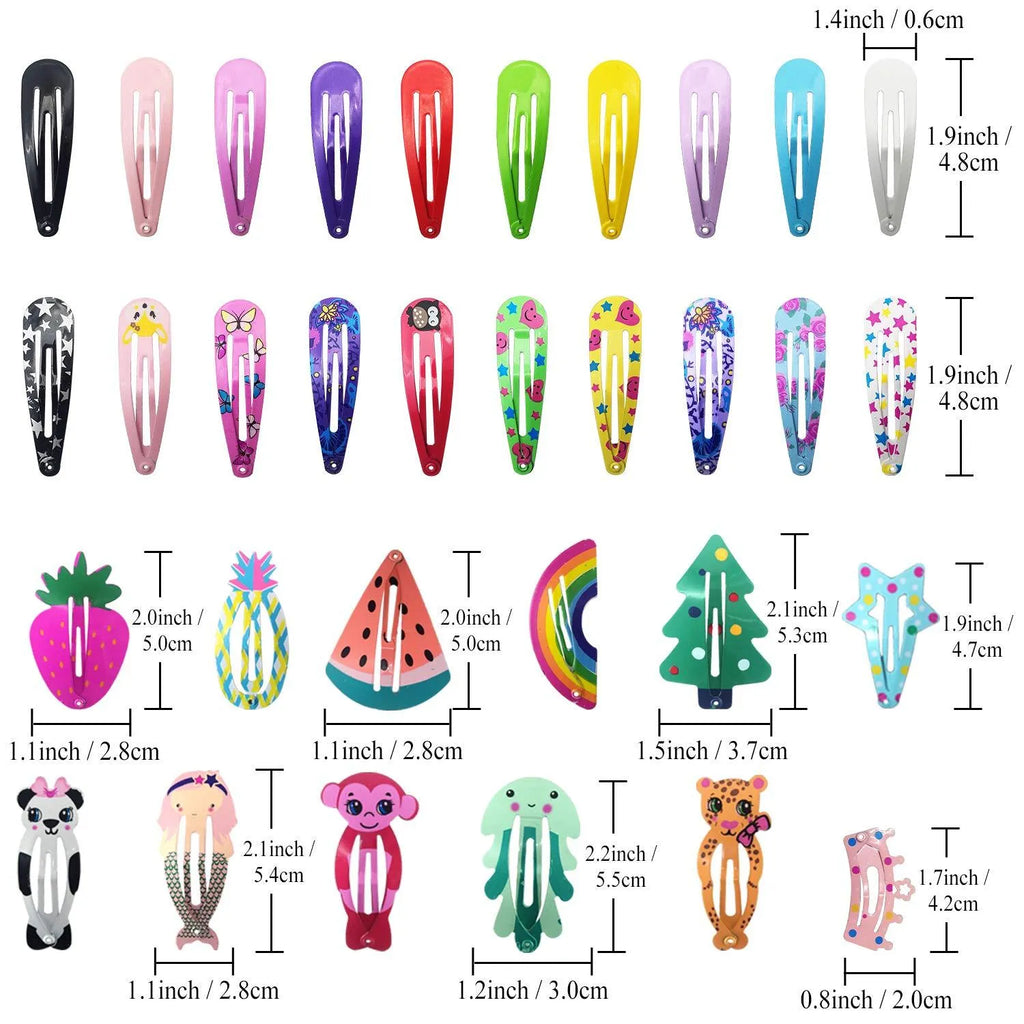 100 assorted metal snap hair clips for girls in candy colours with cartoon animals, fruits, crowns, and star designs
