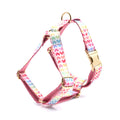 Pink colourful dog chest and back harness with gold buckle and heart-shaped stone on polyester strap