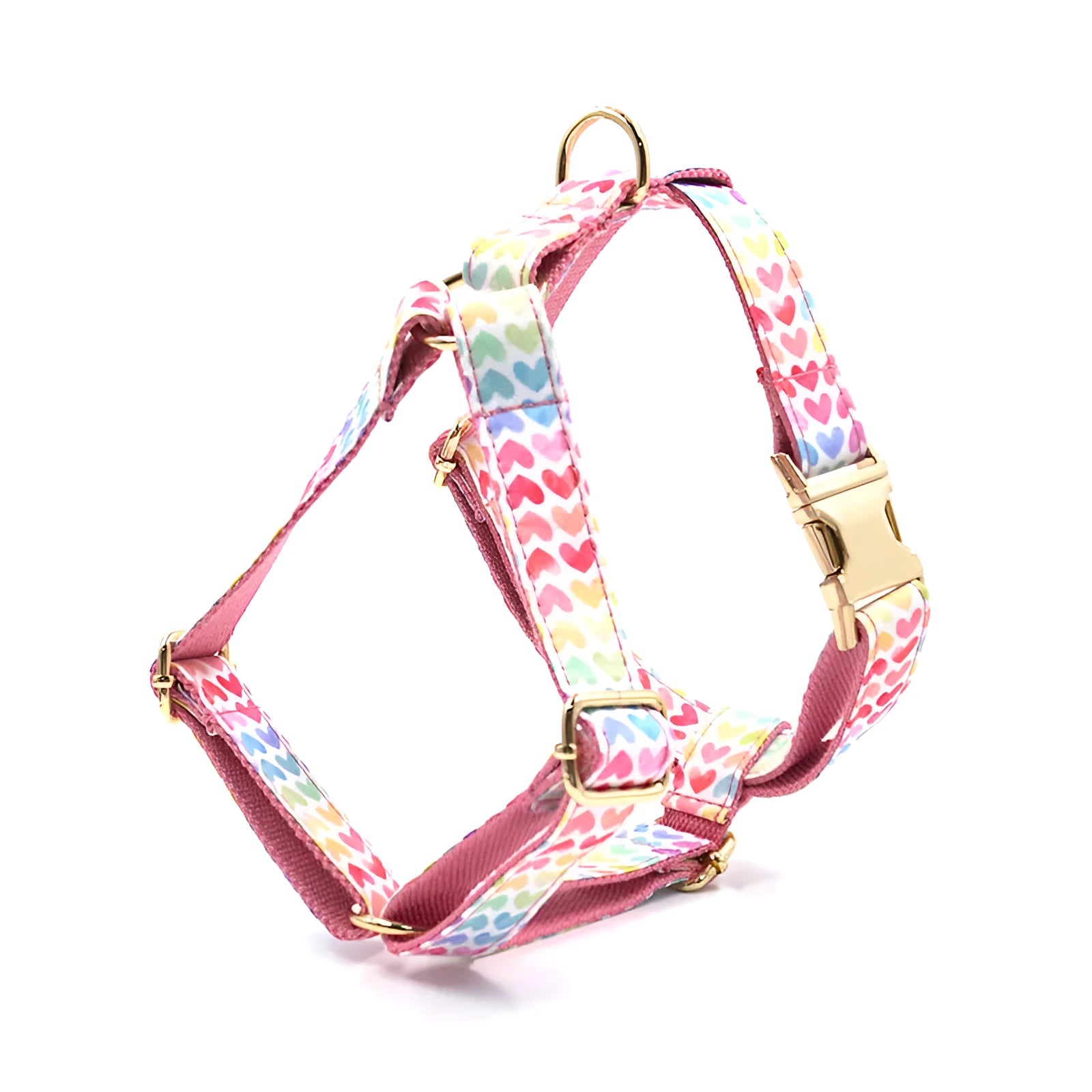 Pink colourful dog chest and back harness with gold buckle and heart-shaped stone on polyester strap