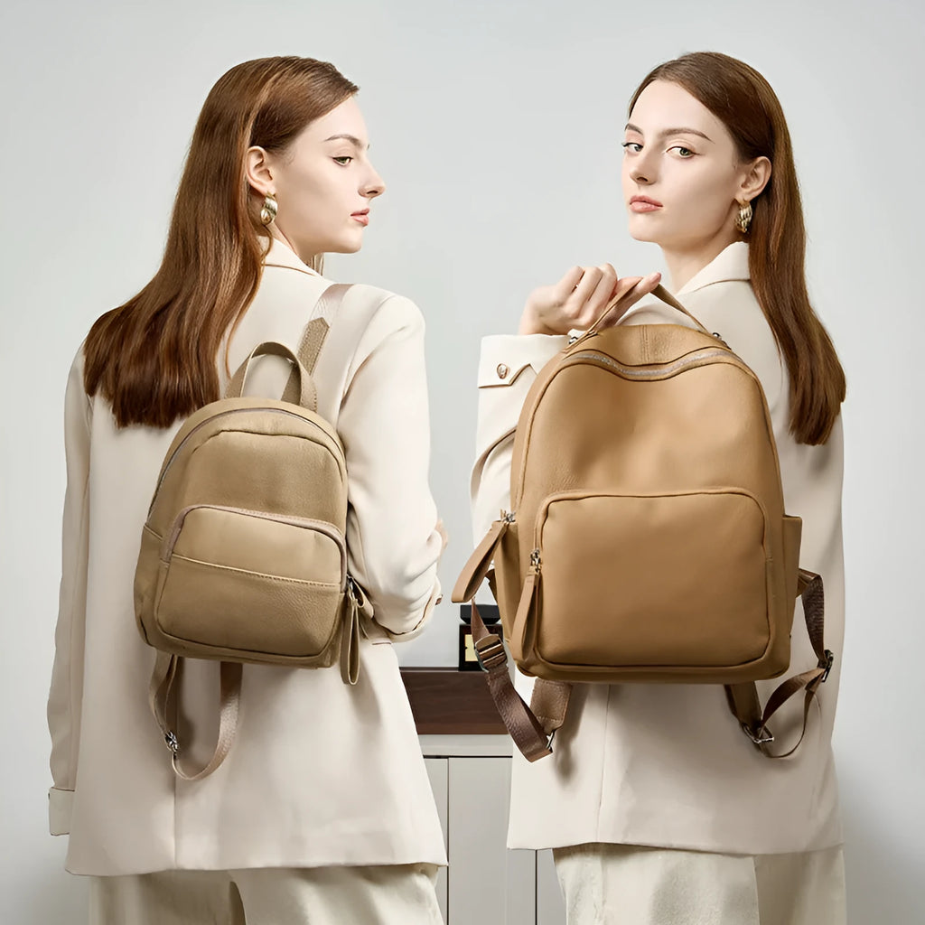 Genuine leather women's backpack in brown large size with soft handle and square vertical shape