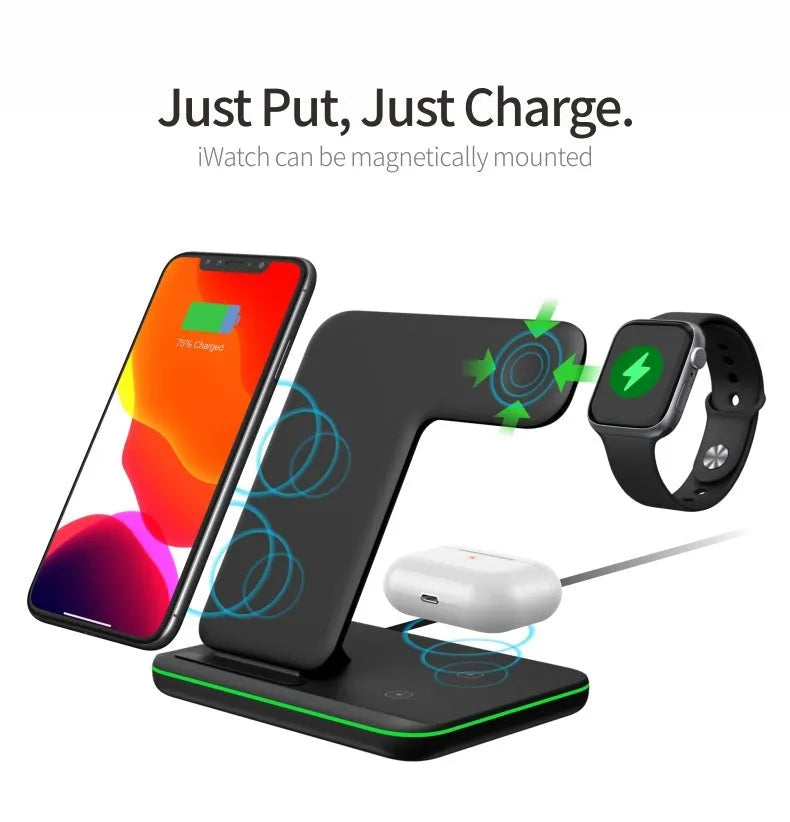 Three-in-one wireless charger stand 15W for phone watch headset in black on desktop