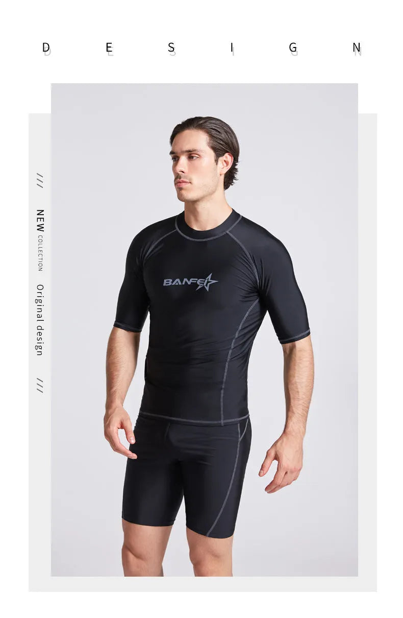 Men's quick-dry nylon swimsuit top and pants set for surfing and snorkelling.