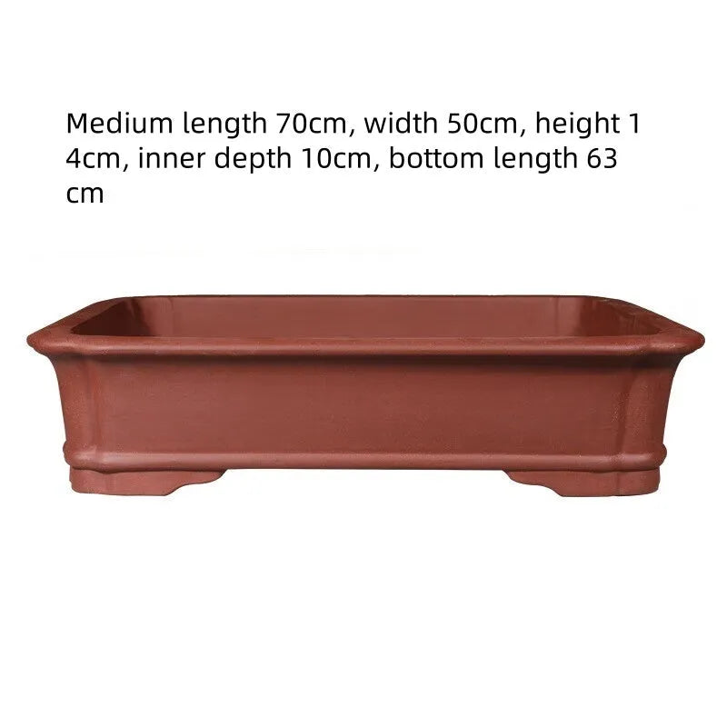 Rectangular purple clay flower pot showing handmade construction and multiple size options