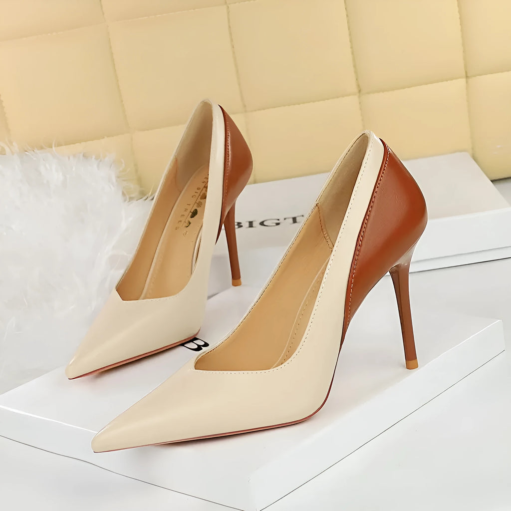 Women's stiletto heel pumps in colour block design with pointed toe and high heel for banquets