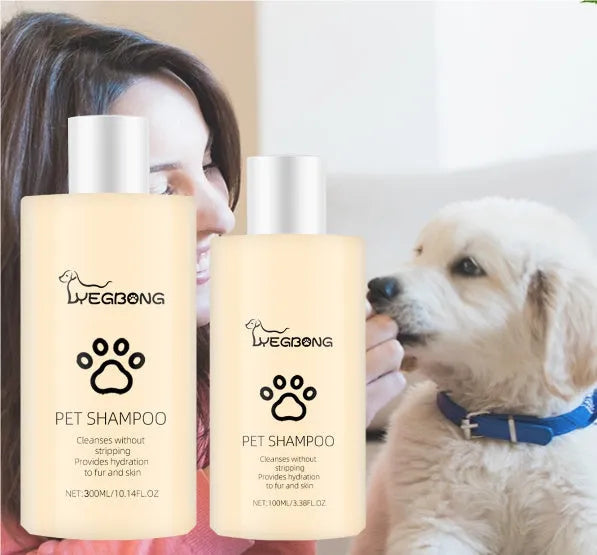 Mild dog shampoo bottle in 100ml and 300ml sizes for gentle coat cleansing