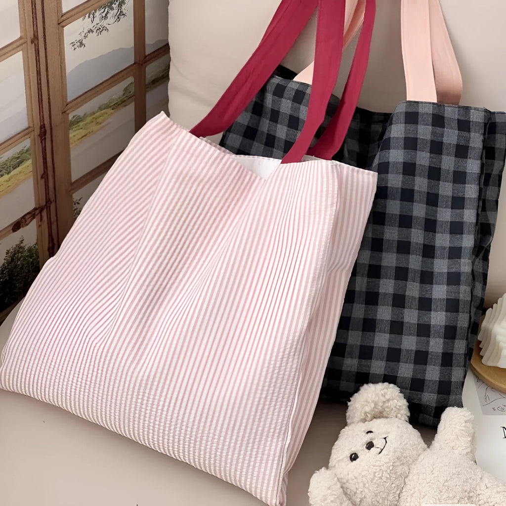 Canvas multi-layer tote bag with shoulder strap, black gray plaid colour, 24cm strap height, cotton thickening fabric