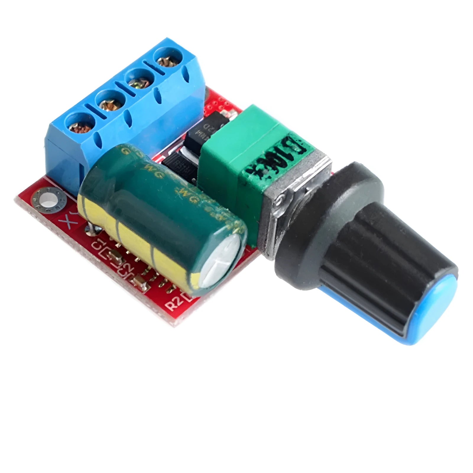 Small green PCB DC motor governor with black potentiometer knob for 5V-35V speed control