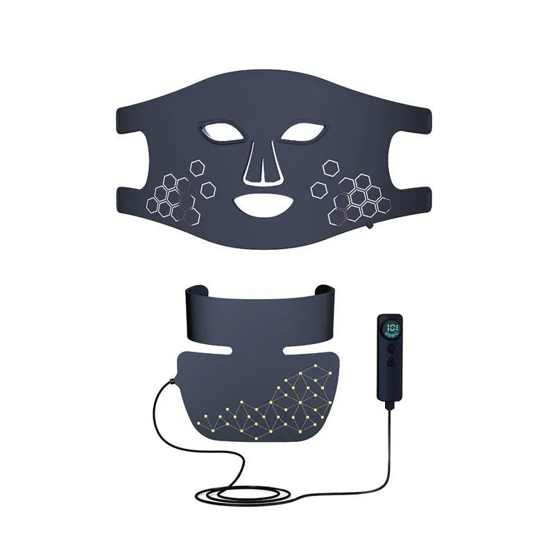 Black photon therapy LED mask with neck treatment panel and four-colour light therapy system