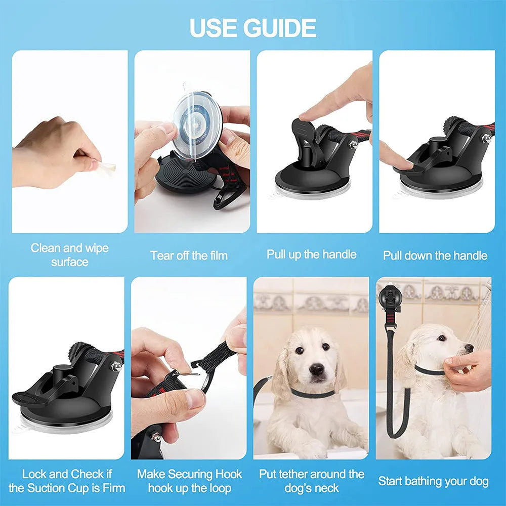 Pet bathing restraint kit showing four adjustable handcuffs with suction cup bases in black and blue colours