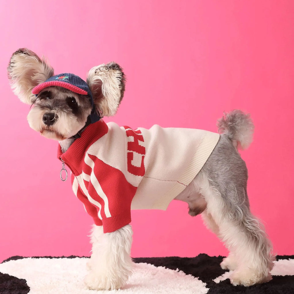 Red wool pet dog sweater cardigan in casual style for men's pet clothing