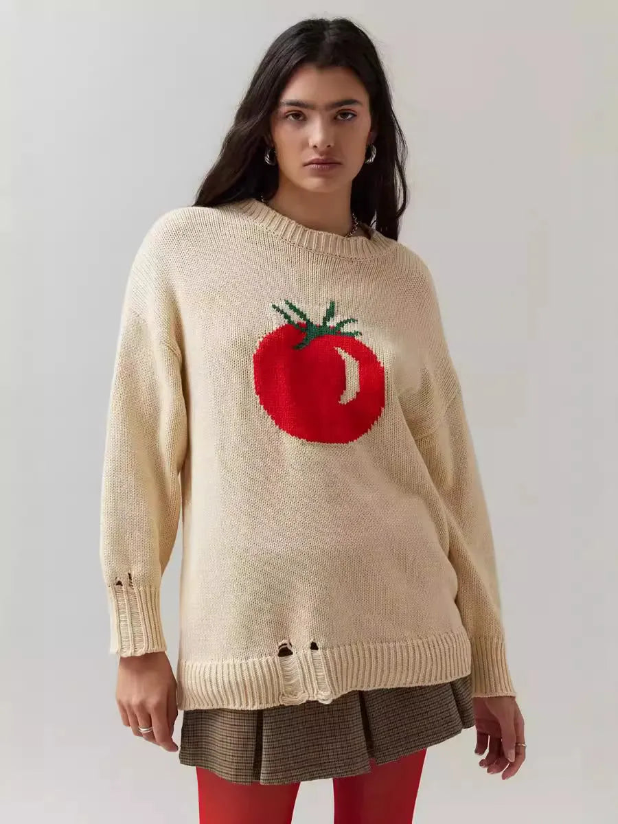 Women's beige loose-fitting acrylic sweater with round neck and long sleeves