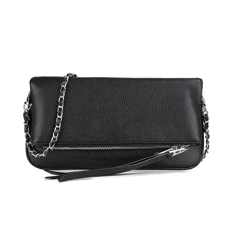 Fashion chain folding clutch women's shoulder messenger bag in black classic colour, PU material shell shape with chain strap