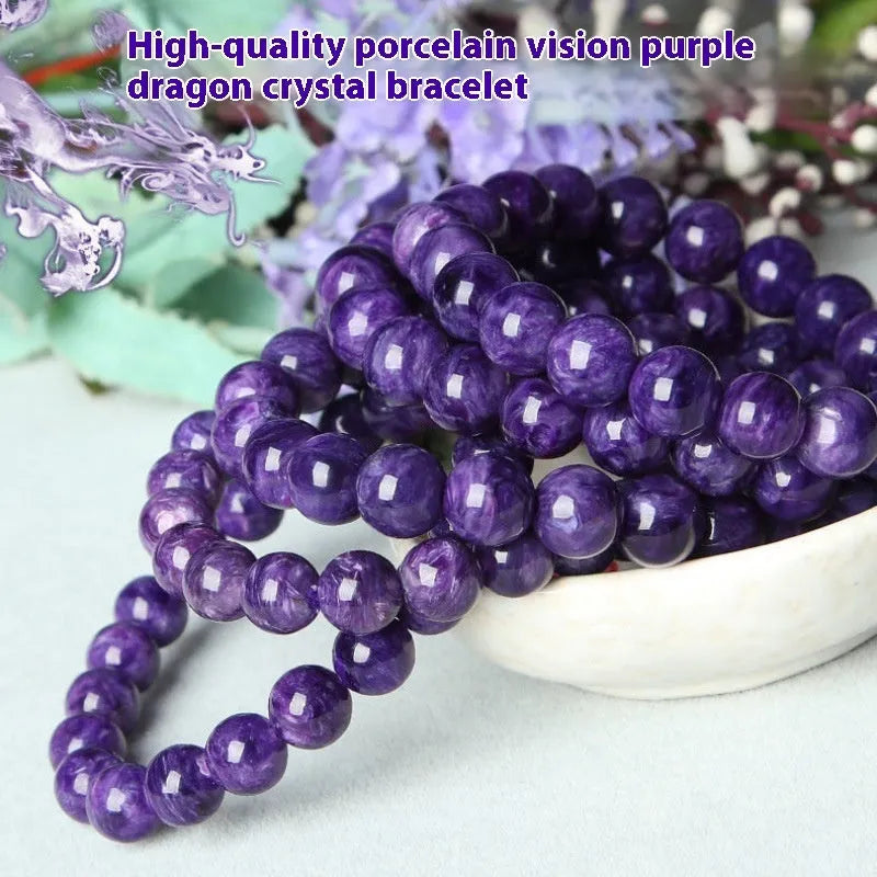 Natural transparent charoite crystal bracelet with platinum-plated fittings showing clear beads