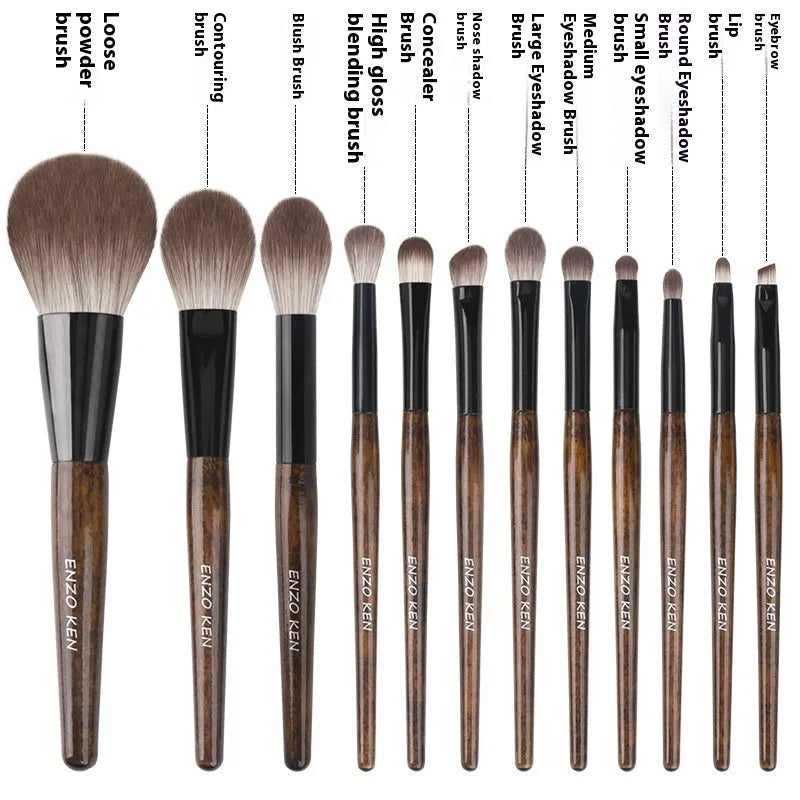 12-piece makeup brush set with wooden handles stored in a black PU zip bag