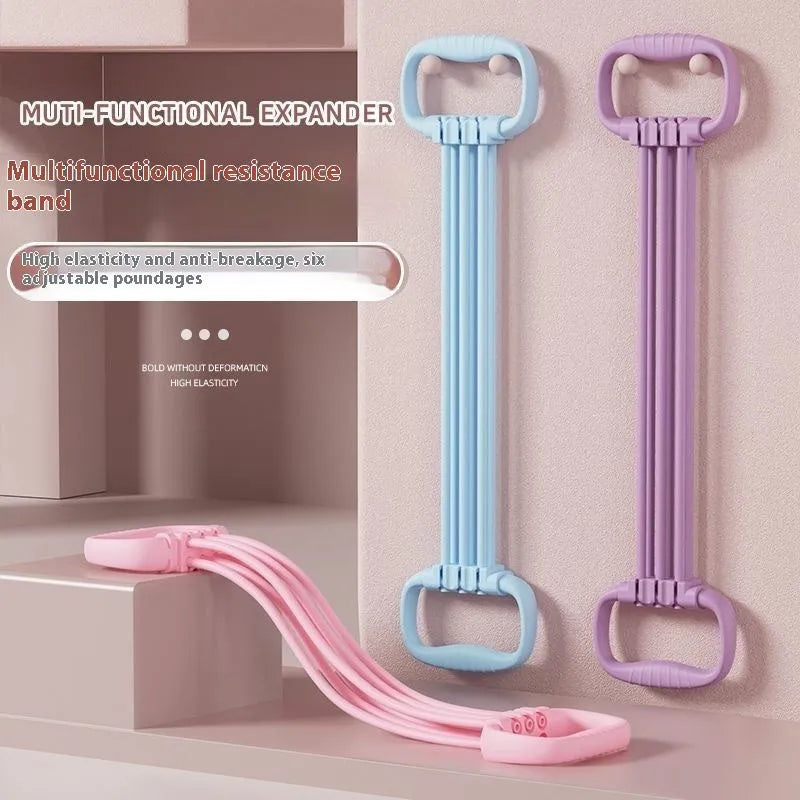 Women's household open shoulder chest expander with 6 gear adjustable TPE pulling rope in blue colour