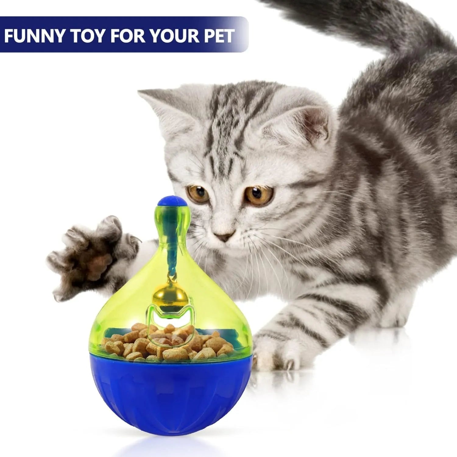 Blue tumbler-shaped interactive treat dispenser ball for dogs and cats on a wooden floor