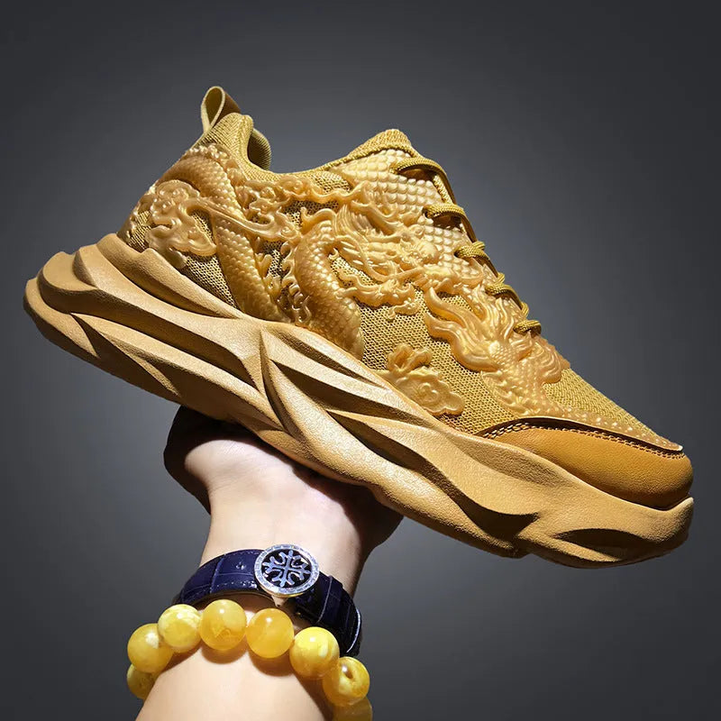Chinese Loong breathable fly knit sneakers with dragon design and rubber sole in casual style