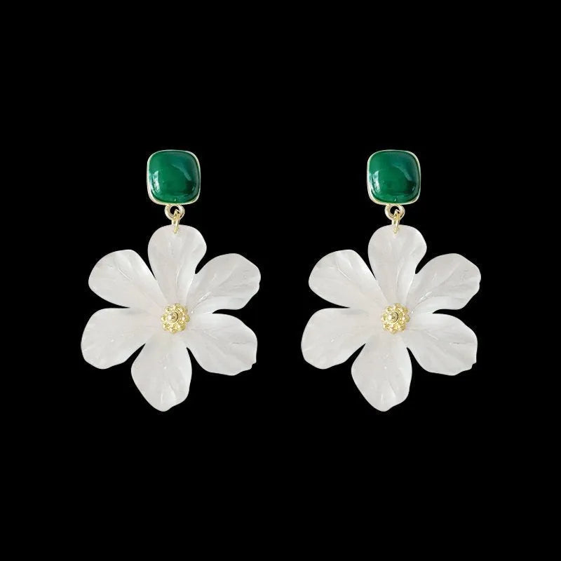 Dark green sweet flower dangle earrings with needle detailing on petals and sterling silver ear wires