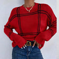 Women's plaid colour-block crew neck acrylic sweater in loose fit with striped pattern