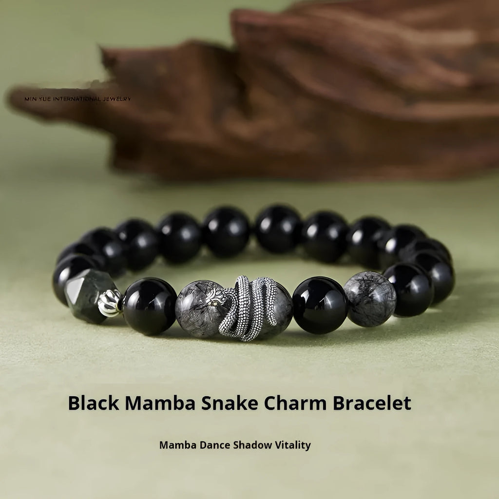 Men's black obsidian snake bracelet in sterling silver with retro zodiac design