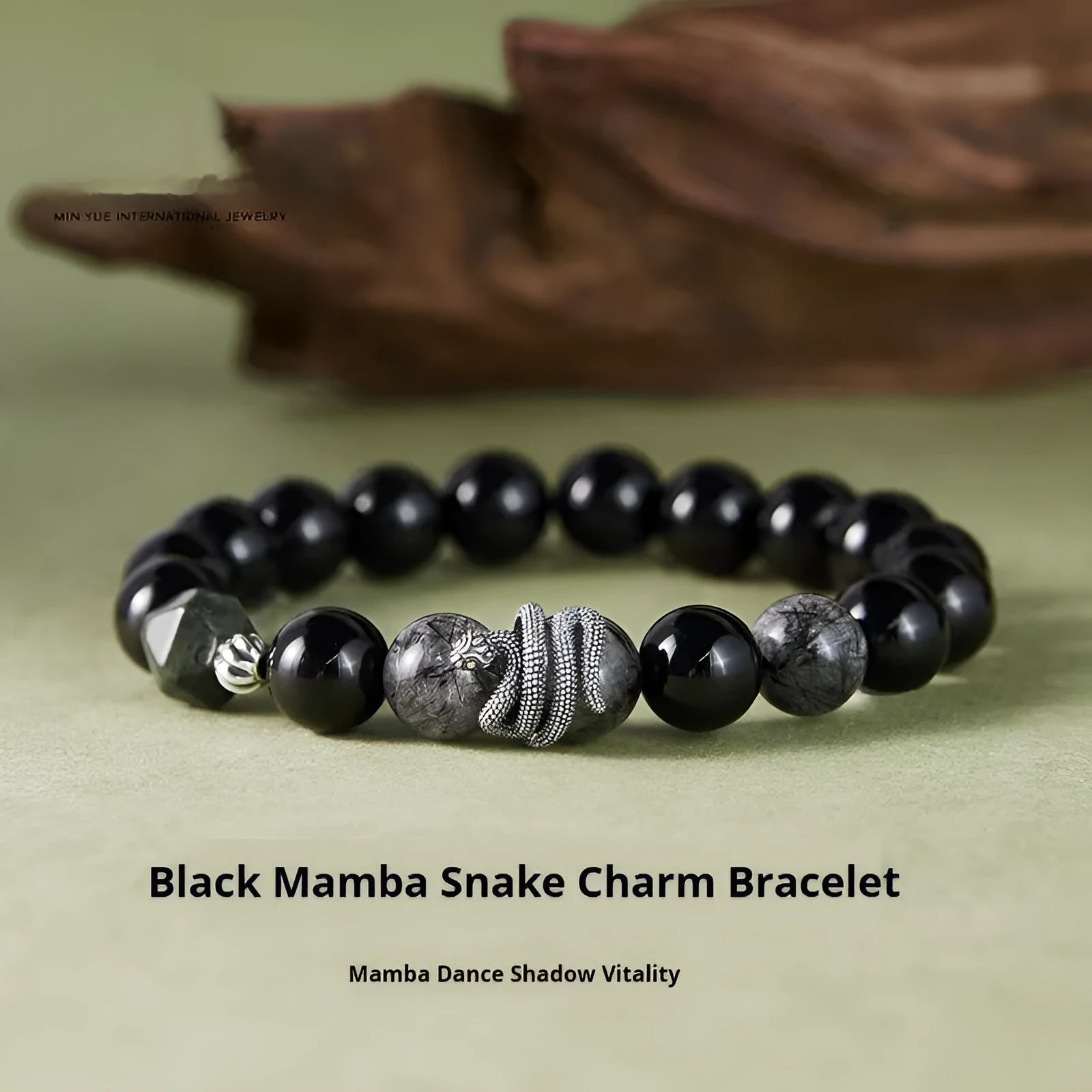 Men's black obsidian snake bracelet in sterling silver with retro zodiac design