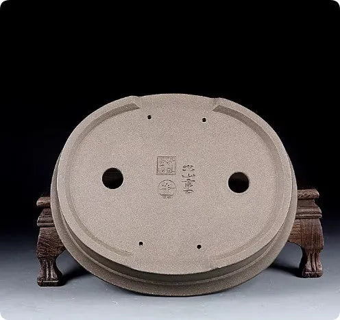 Handmade antique oval bonsai pot in purple sand ceramic measuring 25cm long by 21cm wide