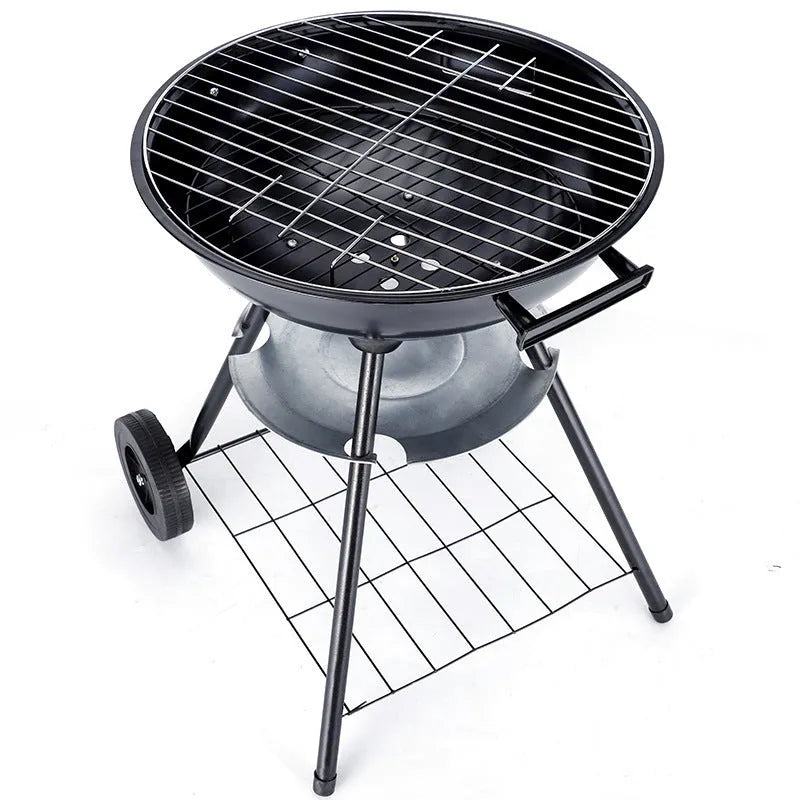 Portable minimalist iron barbecue grill with a 14-inch cooking grate.