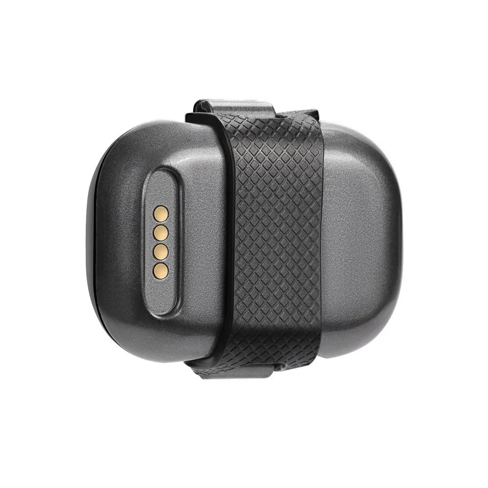 Black pet GPS locator device with hanging rope for attachment to dog or cat collars