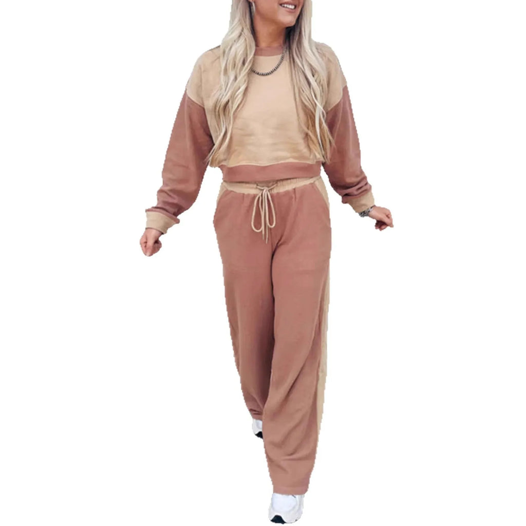 Women's European style camel cotton casual suit set with long trousers on hanger