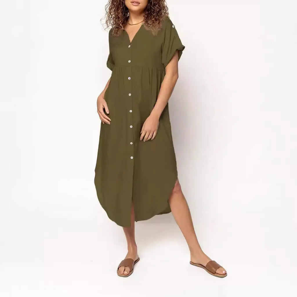 Women's loose fit mid-length casual dress with button front closure in solid colour