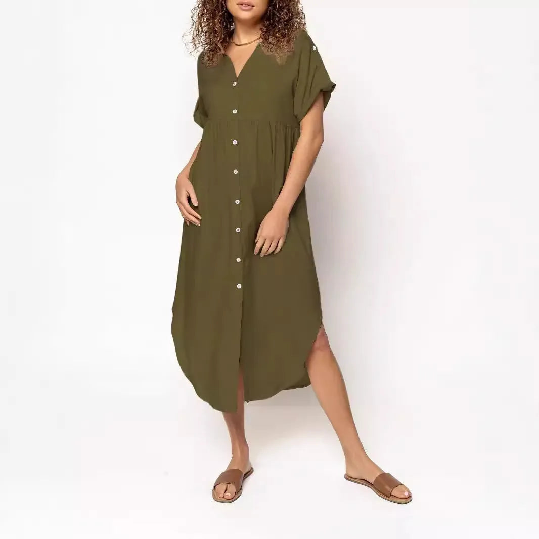 Women's loose fit mid-length casual dress with button front closure in solid colour