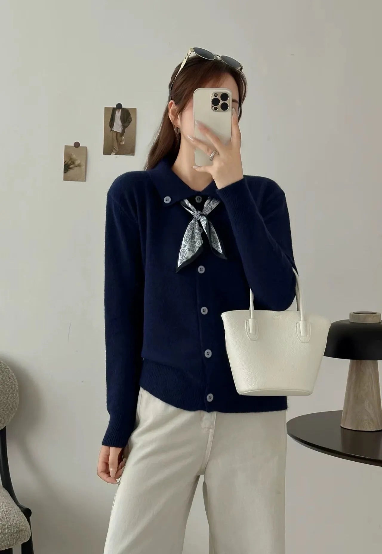 Beige acrylic knit cardigan with lapel scarf collar design, long sleeves and cardigan styling