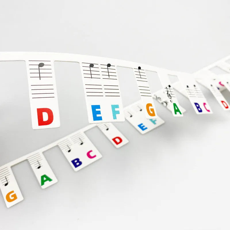 Piano keyboard stickers showing black music notes and colour note bars for 88-key instrument learning