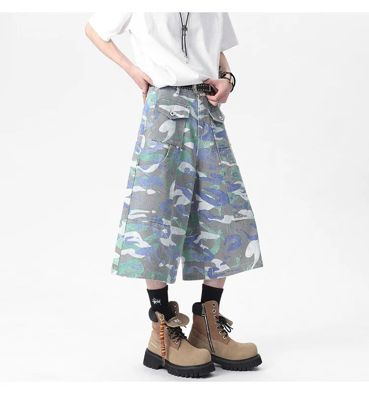 Denim camouflage cropped trousers with front pocket and straight-leg design for summer workwear