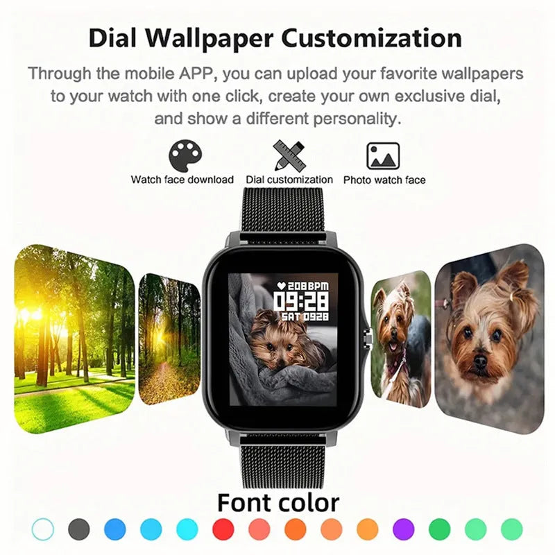 Smart watch with 1.44-inch touch screen showing heart rate display on silicone strap