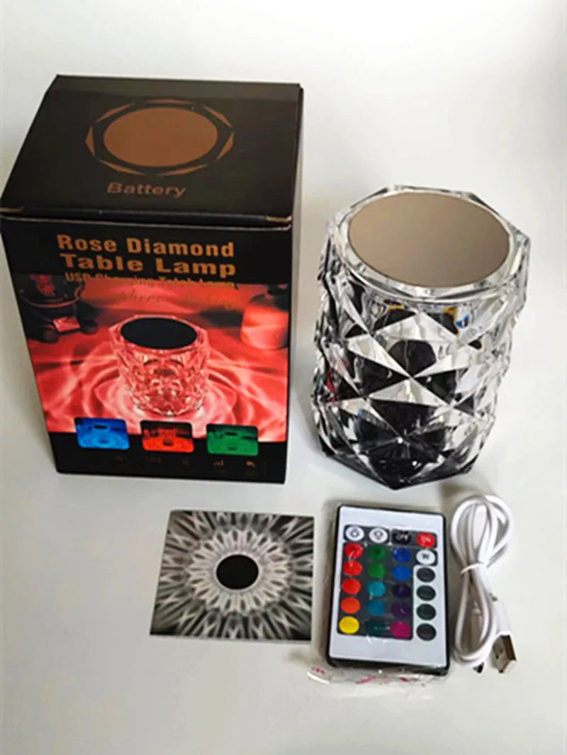Creative Crystal Diamond Table Lamp with RGB16 colour touch controls and rechargeable battery on a bedside table