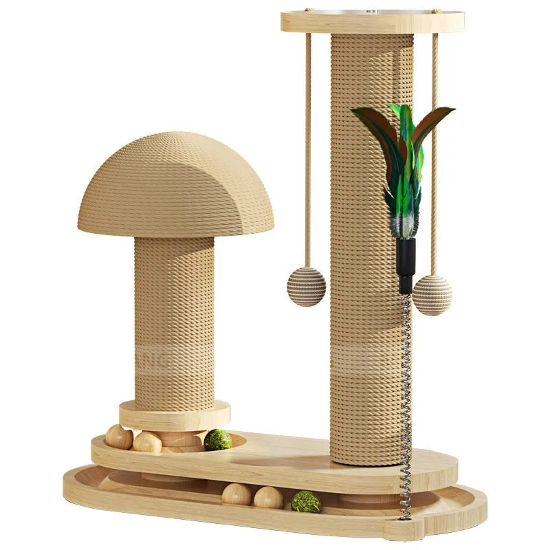 Solid wood cat scratching post with turntable platform in oval mushroom design