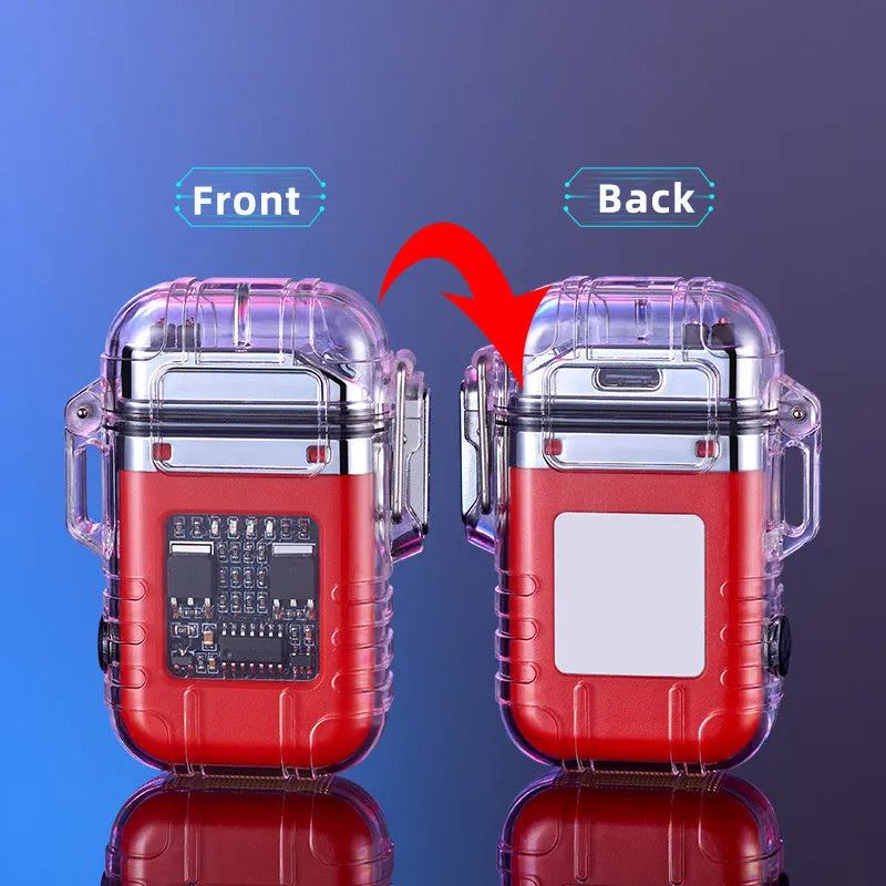 Transparent plastic double arc lighter with detachable clip, Type-C port, and button in black colour